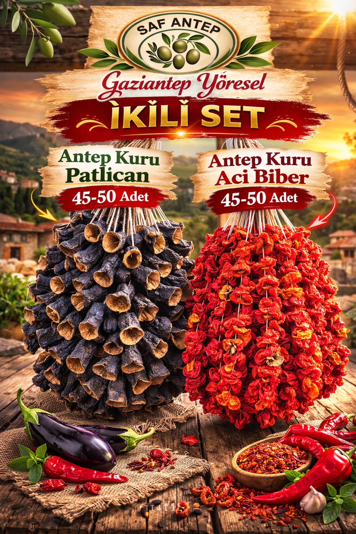 1_org_zoom-1.jpg Saf Antep 2Li Set Kurutma Patlican Kurutma Aci Biber 90 100 adet Güneşte Kurutulmuş - Görsel 1