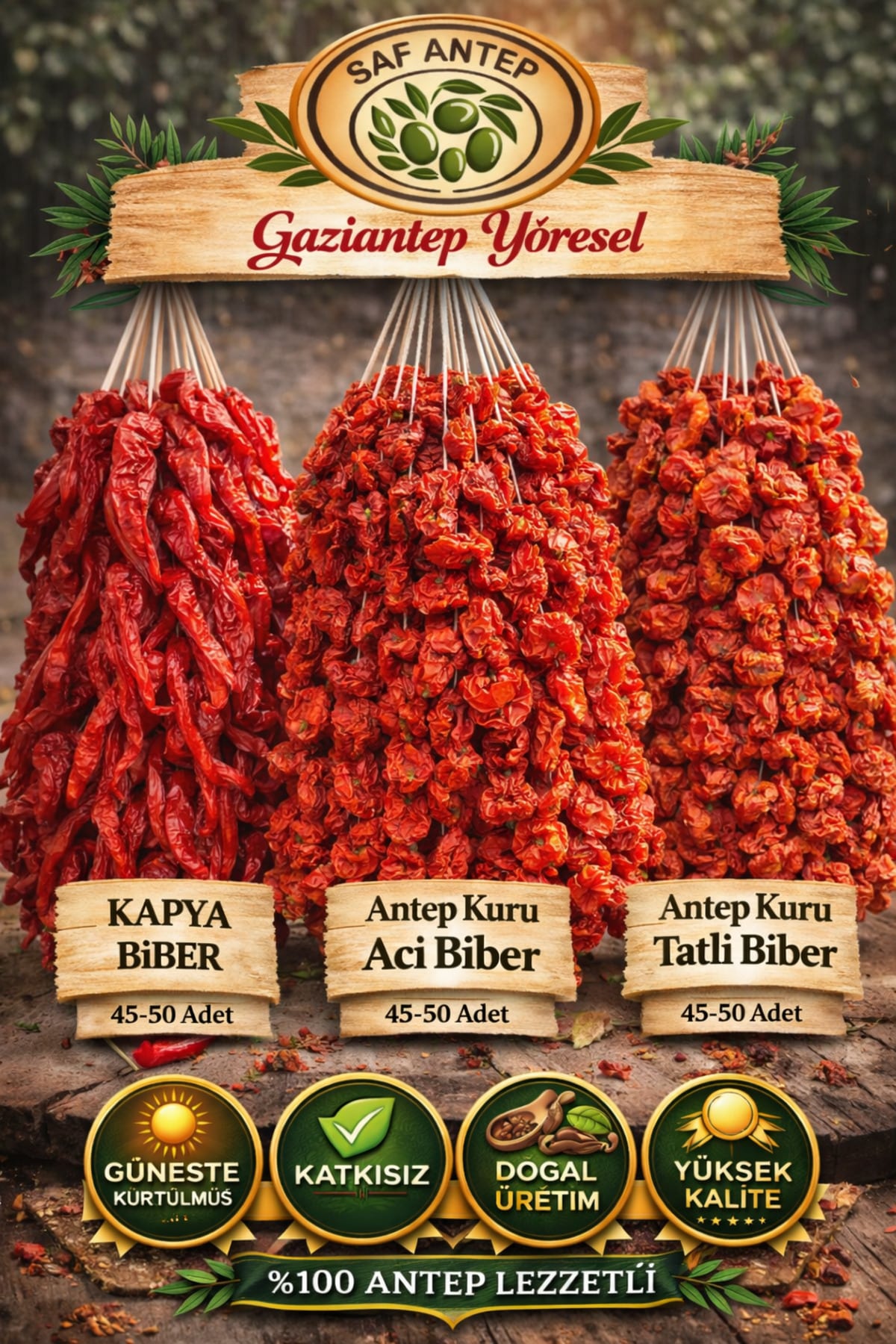 1_org_zoom-2.jpg Saf Antep 3 lu Set Kapya Aci ve Tatli Biber 135 150 adet Güneşte Kurutulmuş - Görsel 1