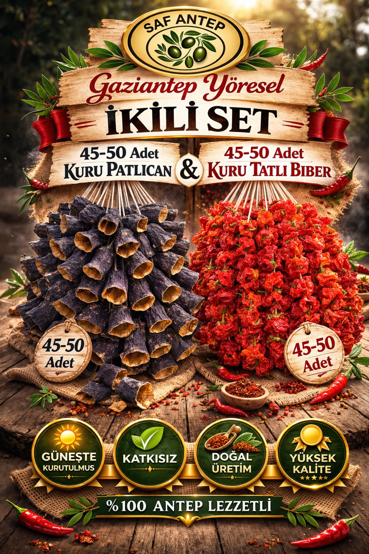 1_org_zoom-3.jpg Saf Antep 2Li Set Kurutma Patlican Kurutma Tatli Biber 90 100 adet Güneşte Kurutulmuş - Görsel 1